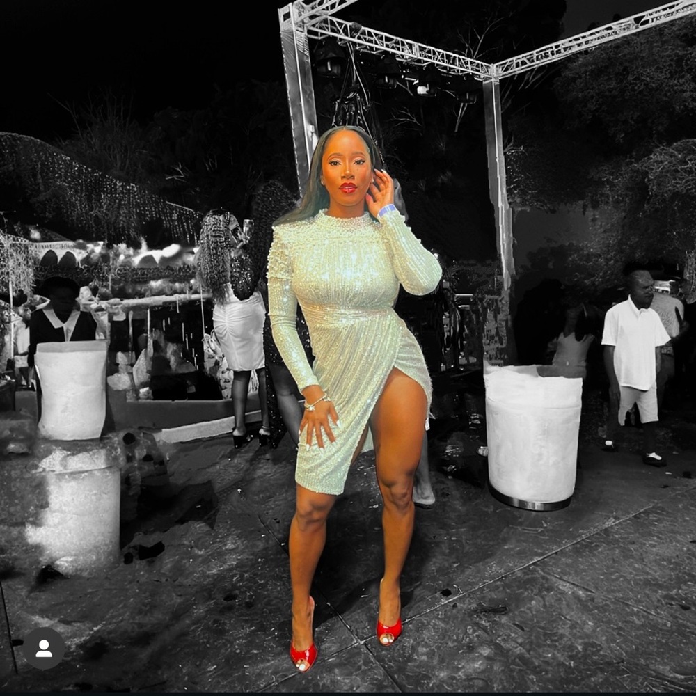 Fashion Nova Silver Goldish Bodycon Dress with Short Sleeves and Mock Neck